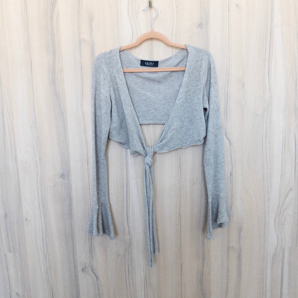 Akira Women Cropped Tie Front Bolero Medium Beige Long Sleeve Coquette Fairy Y2K